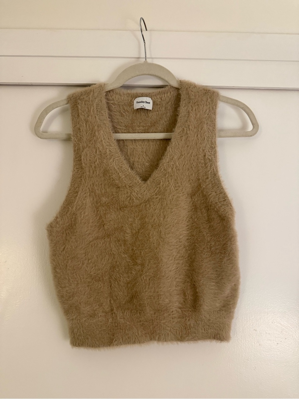 Aritzia Sunday Best Fuzzy V-Neck Sweater Vest in Neutral Beige